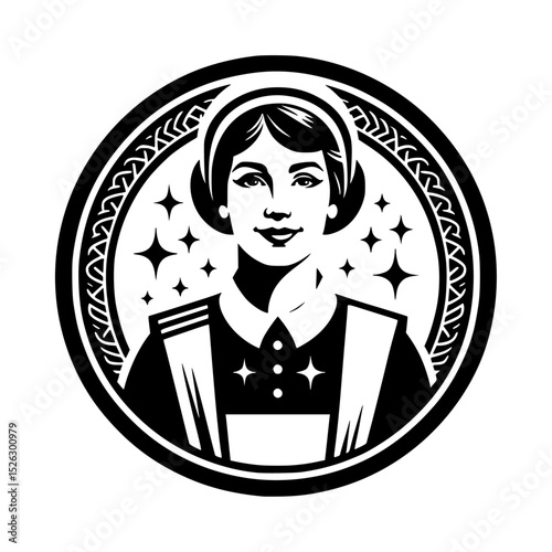 Vintage Maid Logo: Black and White Illustration of a Smiling Woman in Retro Dress