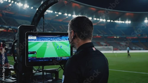 Referee looking at the VAR monitor.