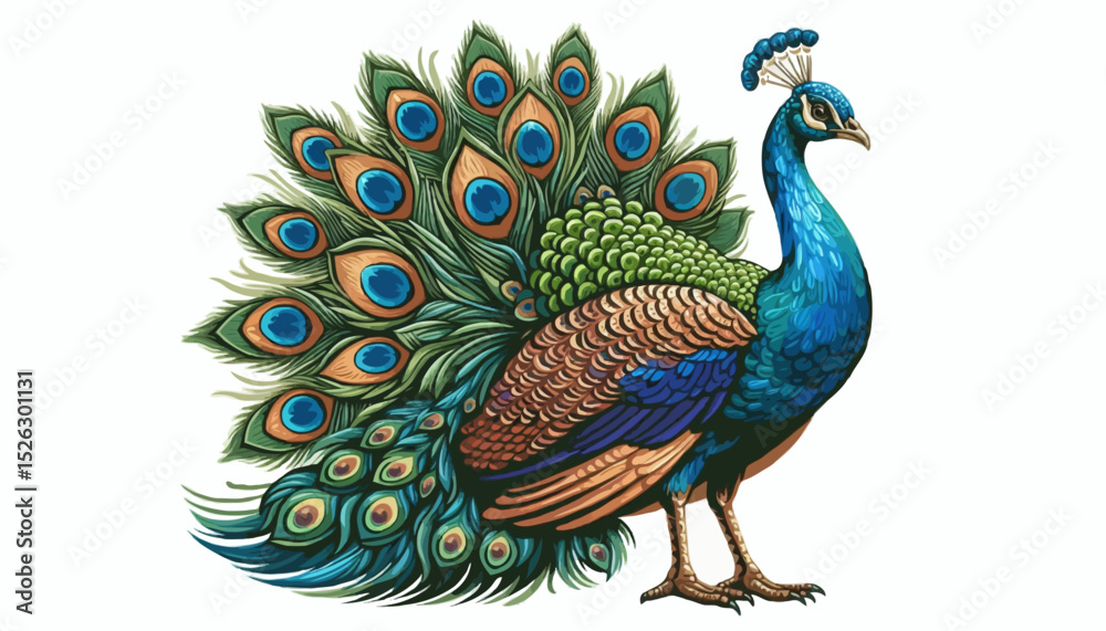 Obraz premium Beautiful blue and green peacock with colorful feathers isolated on white