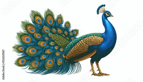 Bright and colorful blue peacock with feathers out, isolated on white