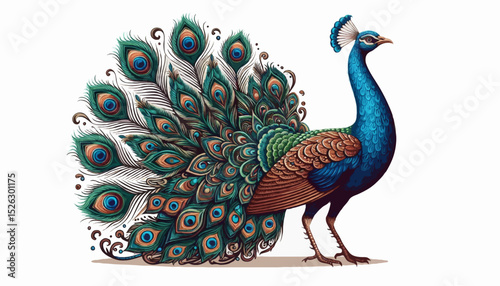 Beautiful blue peacock displaying colorful plumage and tail feathers