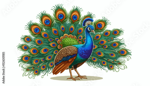 Beautiful blue and green peacock vector illustration on a white background with colorful feathers and an exotic tail