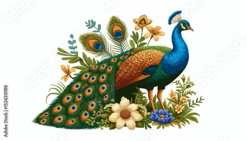 A stunning blue peacock, a beautiful exotic bird, showcases its colorful tail feathers against a clean white background