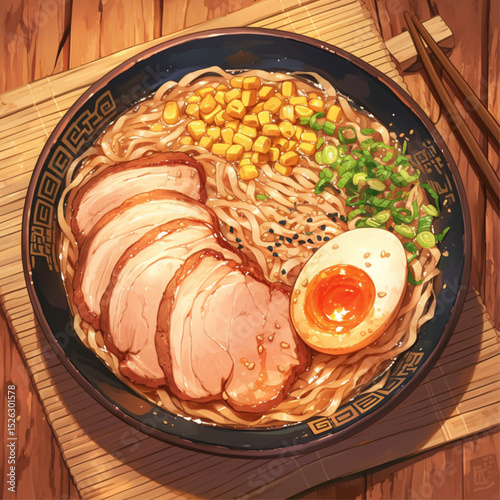 A bowl of ramen with slices of pork, corn, and egg on top, placed on a wooden table mat. The background is a simple kitchen scene. Anime illustration style