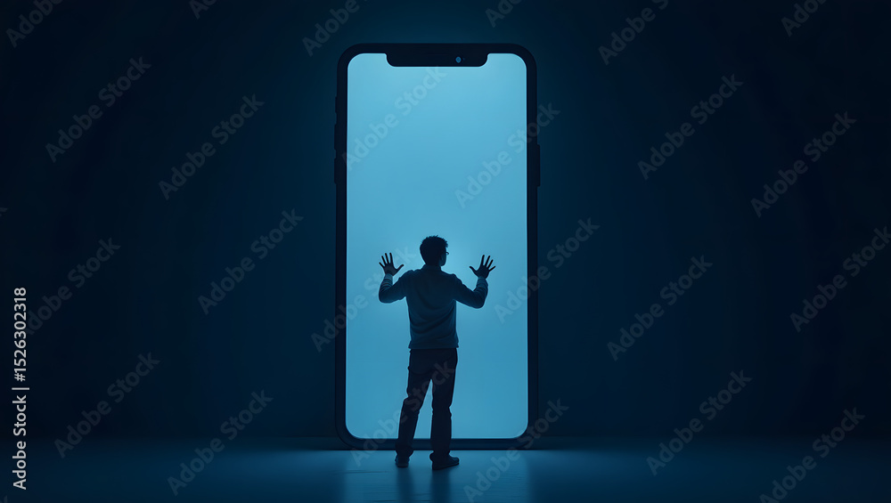 Fototapeta premium Person trapped inside digital screen concept, symbolizing tech addiction and virtual isolation. 