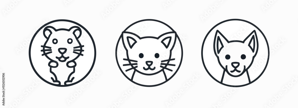 Obraz premium Isolated Set of Rodent, Cat and Dog Head Outlines Inside Circular Frames