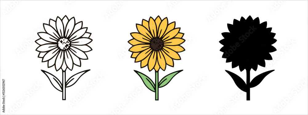 Obraz premium Sunflower Graphic Set Featuring Outline, Colored, and Silhouette Styles