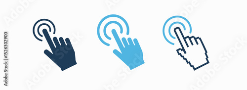 Graphic icons representing hand pointer selecting an item on a virtual touch screen