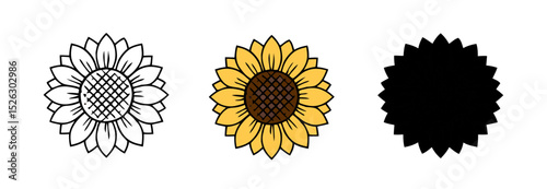 Sunflower Icons Represented with Line Art and Silhouette Against White Background