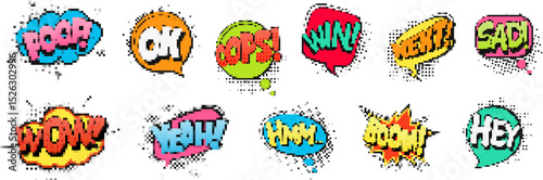 Pixel art speech bubbles with words like wow and oops in a comic mosaic style.