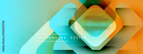Abstract geometric shapes overlap. Teal, orange, green hues blend smoothly. Modern design feels dynamic, vibrant. Background suggests innovation.