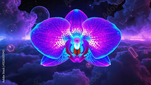 A transparent blue orchid floats like a luminous jellyfish in the deep, dark, aquatic night