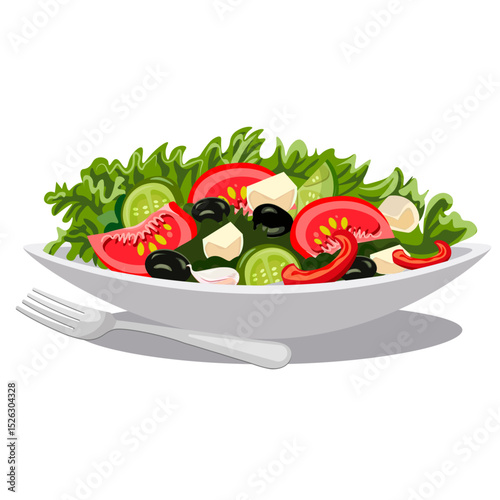 olives tomato greens cucumber garlic salad in a bowl no background