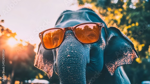 Cool elephant wearing stylish sunglasses while relaxing under the shade of a tree on a sunny day