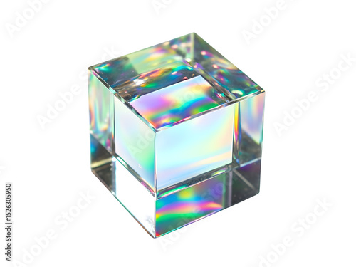 A three-dimensional transparent cube with an iridescent surface that reflects light in vivid holographic colors, showcasing a sleek geometric design. Isolated against a transparent background, in PNG 