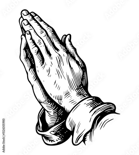 Pray hands gesture. Vector engraving style illustration