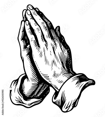 Pray hands gesture. Vector engraving style illustration