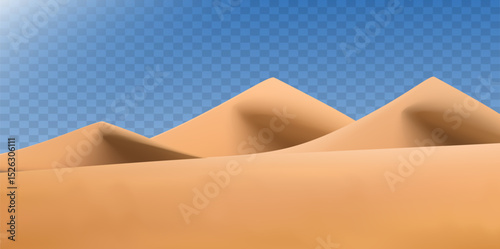 Realistic desert landscape isolated on transparent background. Sandy desert dunes. Vector