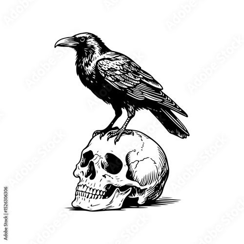 Raven standing on a skull. Vector engraving style illustration