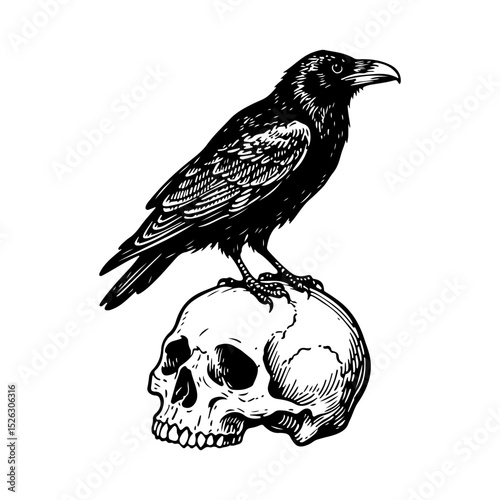 Raven standing on a skull. Vector engraving style illustration