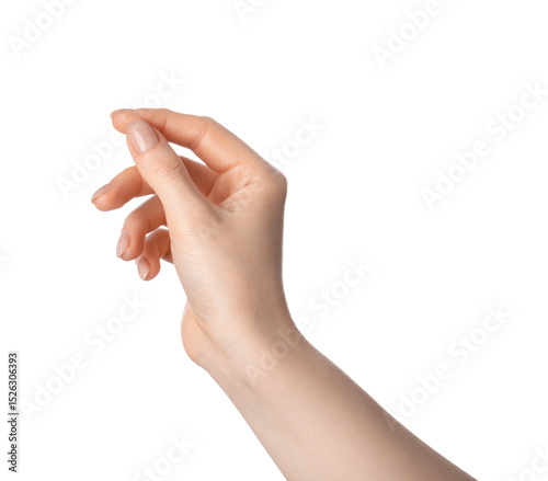 Bilde på lerret Woman holding something in hand on white background, closeup