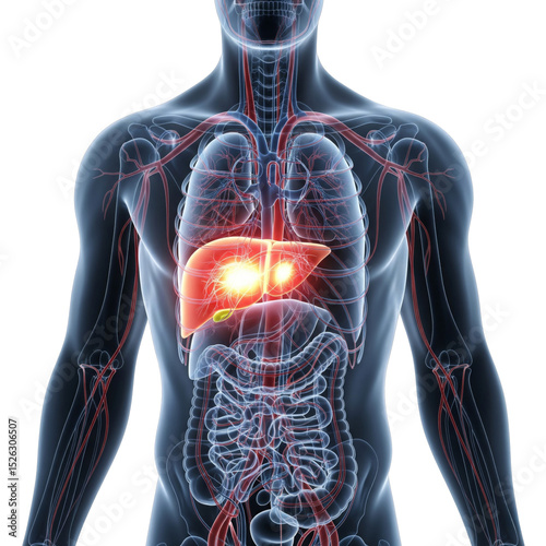 Human anatomy with highlighted liver and gallbladder, isolated on transparent background