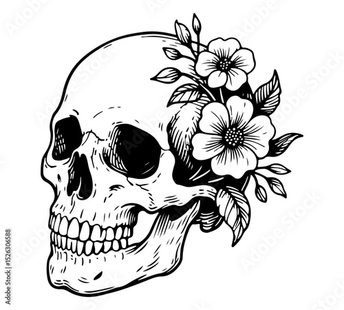 Skull and blooming flowers. Vector engraving style illustration