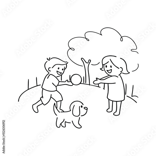 Happy Children Playing Fetch with Dog in Park