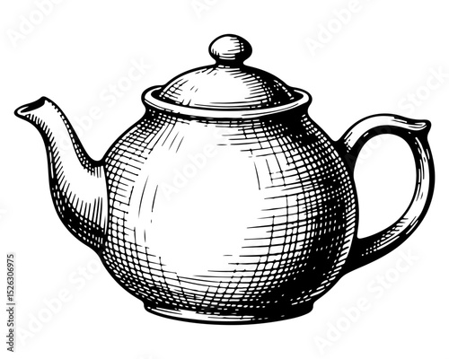 Teapot. Vector engraving style illustration