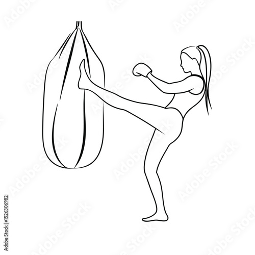 Woman kicking punching bag line drawing fitness exercise