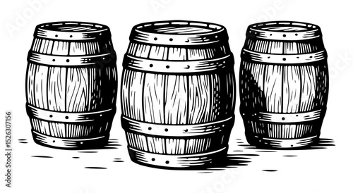 Three oak barrels for alcoholic beverages. Vector engraving style illustration