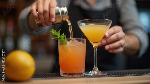Bartender preparing colorful cocktails with fresh ingredients at trendy bar