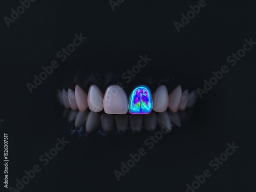 Dental Art. CloseUp of Teeth with a Vibrant, Colorful BrainInspired Crown photo