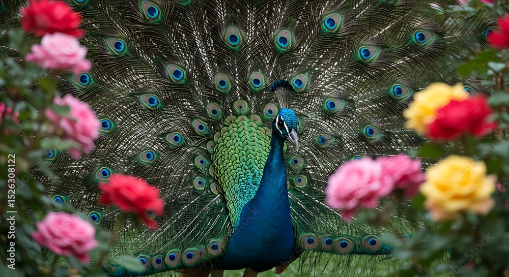 Obraz premium Peacock Amidst Colorful Roses