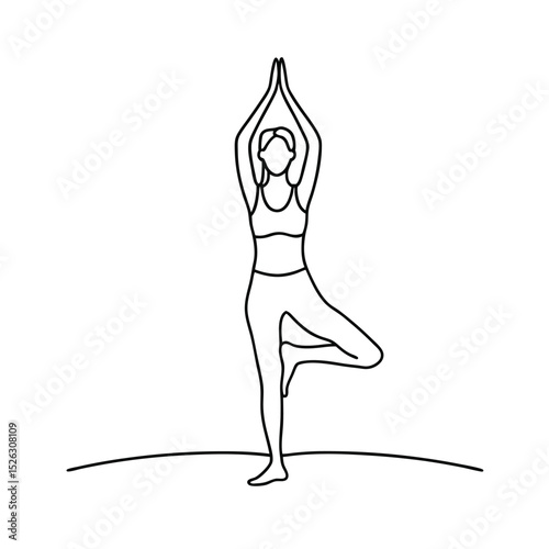 Woman practicing yoga tree pose line drawing illustration