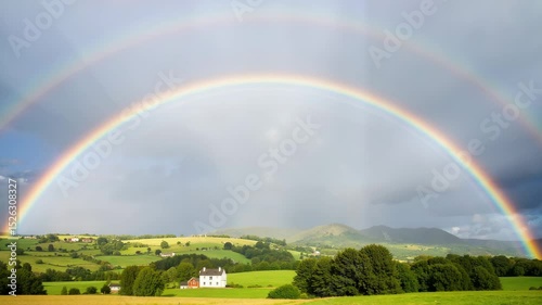 Stunning double rainbow arching over green countryside landscape