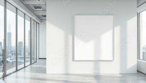 Blank White Artwork Display In Modern Office With City View