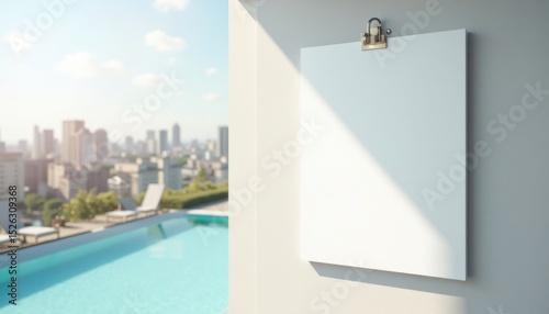 Blank White Poster Mockup On Building Exterior With Cityscape And Pool View