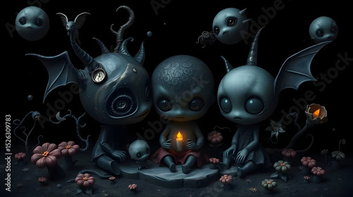 Surreal illustration of whimsical characters with eerie features in a dark setting, dreamlike atmosphere, copy space
