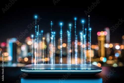 Wallpaper Mural Glowing Smartphone Displaying Binary Code Over Cityscape at Night, Illustrating Digital Transformation and Technological Advancement : Generative AI Torontodigital.ca