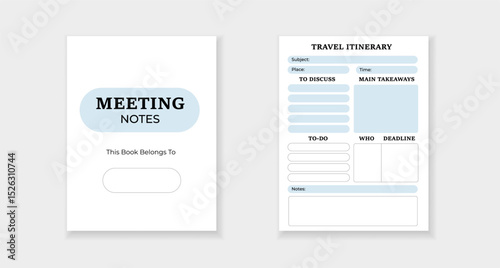 Template form for taking meeting notes and planning a travel itinerary, aiding in organized tasks.