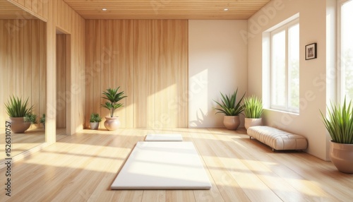 Bright Sunlit Yoga Studio With Simple Wooden Walls And White Mats