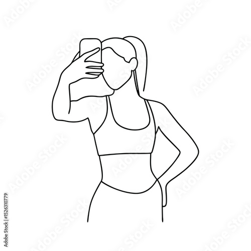 Woman Taking Selfie Fitness Sporty Line Art Minimalist Illustration