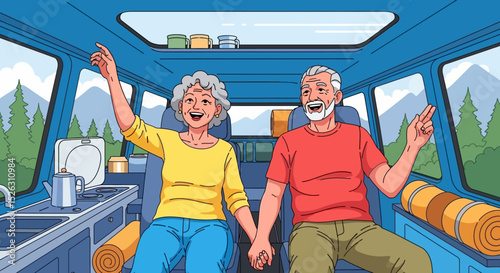 Joyful Senior Couple on a Scenic Road Trip Adventure in Their Camper Van