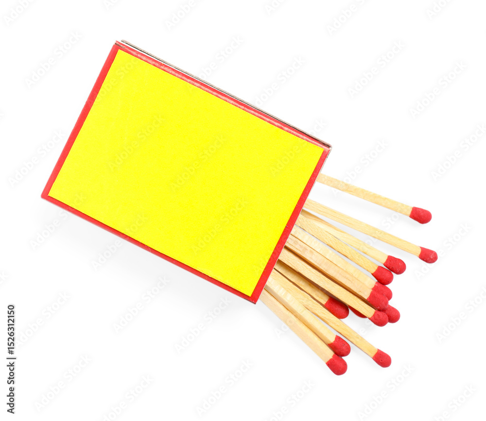 Fototapeta premium Matches in box isolated on white, top view. Mockup for design