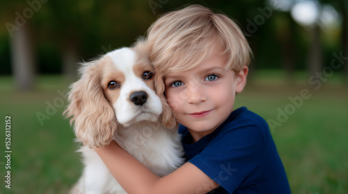 Happy boy 5-7 years old cuddling a cocker spaniel dog, sitting on the lawn