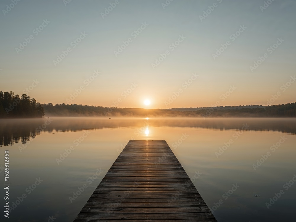 Fototapeta premium Serene Sunrise over Misty Lake with Wooden Pier Leading to the Golden Horizon.