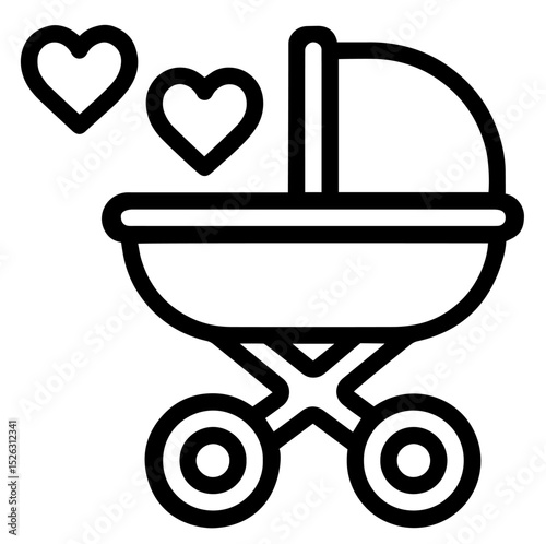Baby Carriage with Two Hearts Representing Parental Love, Newborn Care, Family Bonding, Childbirth Celebration, Tender Parenthood Moment. Baby Shower Invitations, Birth Announcements, Nursery Graphics