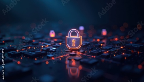 Glowing Padlock On Abstract Circuit Board Background