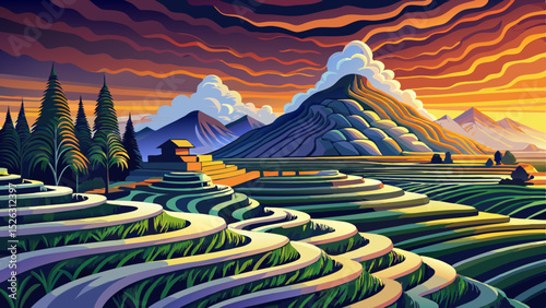 Vector illustration of rice terrace landscape glowing under golden hour sunlight perfect for serene rural scenes, Asian countryside, and eco-tourism themed designs